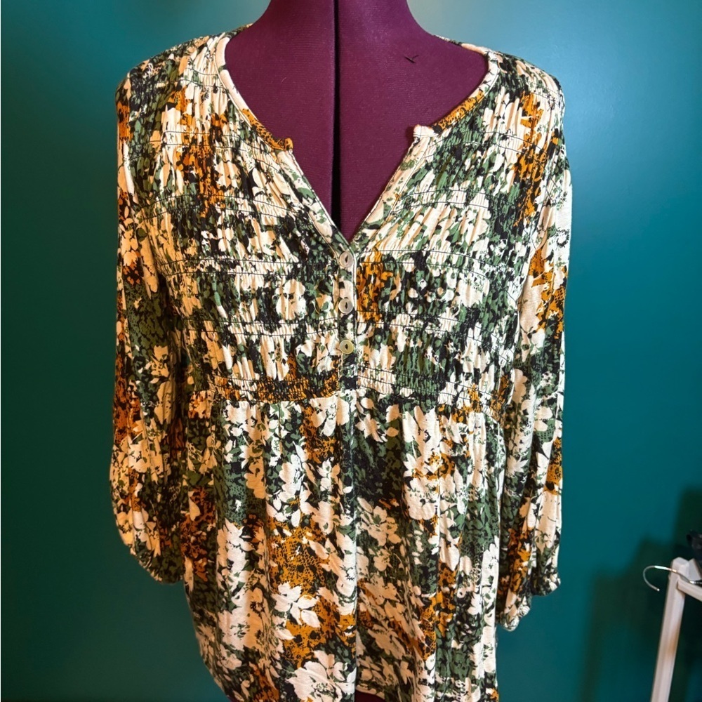 Skye's the Limit Brown and Tan Smocked Blouse with Mandarin Collar